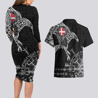 Denmark Viking Ravens Couples Matching Long Sleeve Bodycon Dress and Hawaiian Shirt Vegvisir Runes Pattern - Wonder Print Shop
