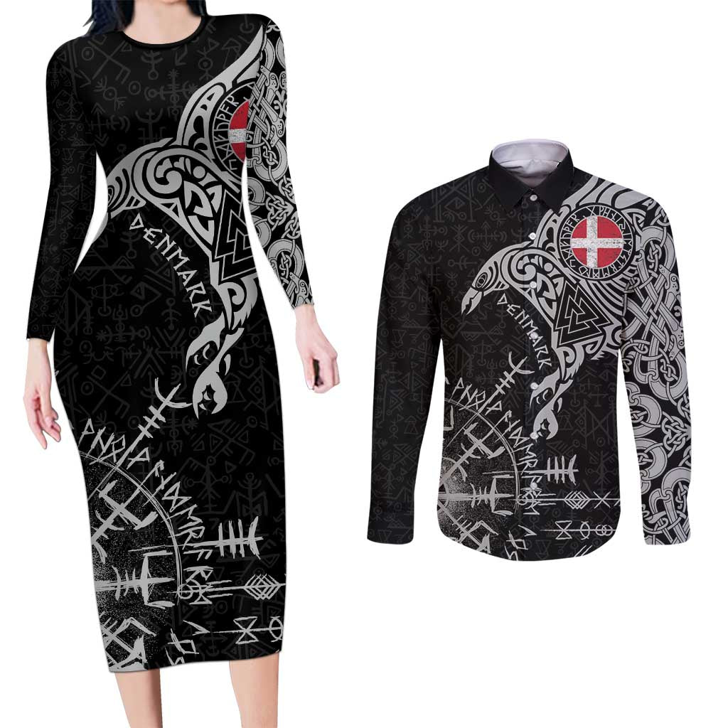 Denmark Viking Ravens Couples Matching Long Sleeve Bodycon Dress and Long Sleeve Button Shirt Vegvisir Runes Pattern - Wonder Print Shop