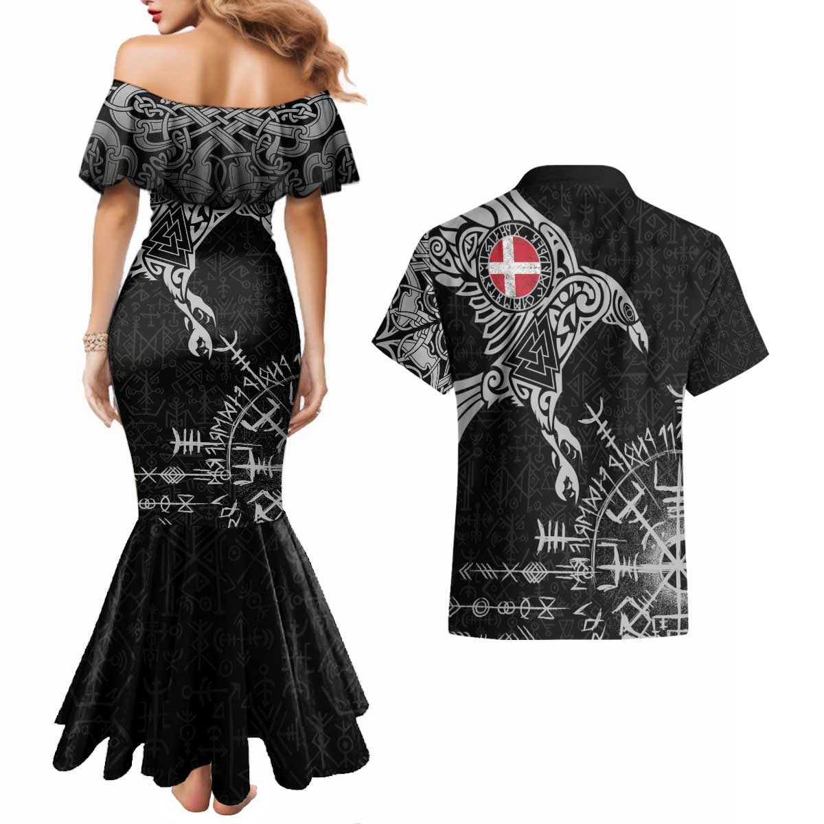 Denmark Viking Ravens Couples Matching Mermaid Dress and Hawaiian Shirt Vegvisir Runes Pattern - Wonder Print Shop