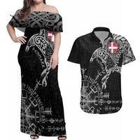 Denmark Viking Ravens Couples Matching Off Shoulder Maxi Dress and Hawaiian Shirt Vegvisir Runes Pattern - Wonder Print Shop