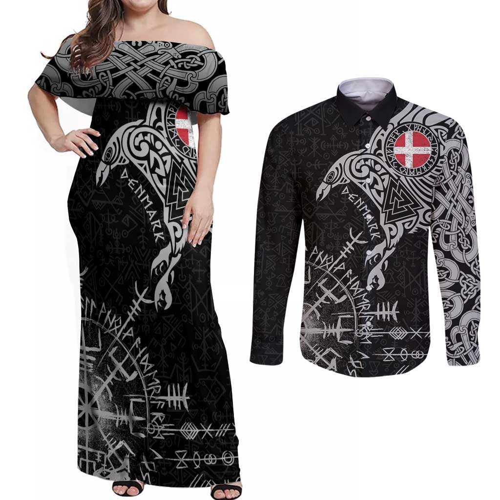 Denmark Viking Ravens Couples Matching Off Shoulder Maxi Dress and Long Sleeve Button Shirt Vegvisir Runes Pattern - Wonder Print Shop