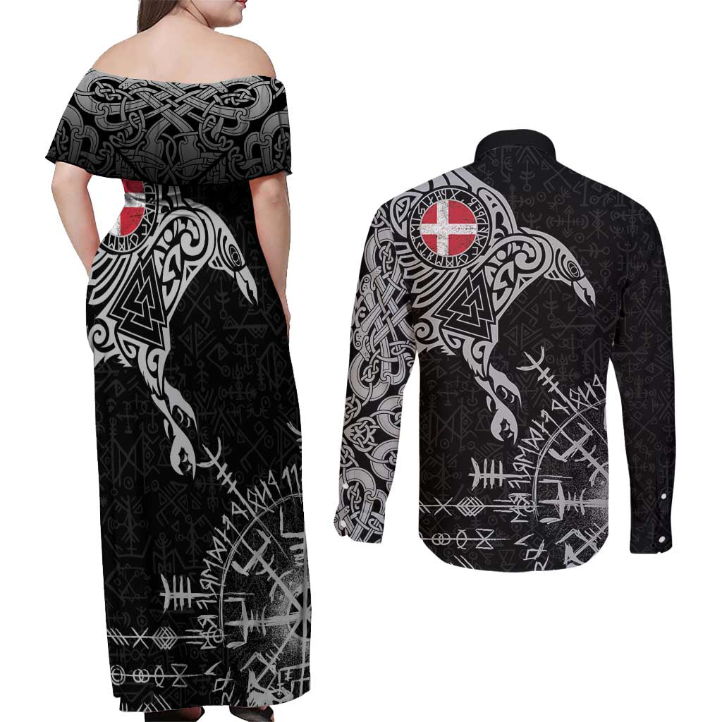 Denmark Viking Ravens Couples Matching Off Shoulder Maxi Dress and Long Sleeve Button Shirt Vegvisir Runes Pattern - Wonder Print Shop