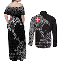 Denmark Viking Ravens Couples Matching Off Shoulder Maxi Dress and Long Sleeve Button Shirt Vegvisir Runes Pattern - Wonder Print Shop