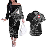Denmark Viking Ravens Couples Matching Off The Shoulder Long Sleeve Dress and Hawaiian Shirt Vegvisir Runes Pattern - Wonder Print Shop