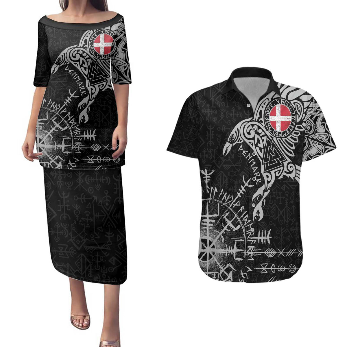Denmark Viking Ravens Couples Matching Puletasi and Hawaiian Shirt Vegvisir Runes Pattern - Wonder Print Shop