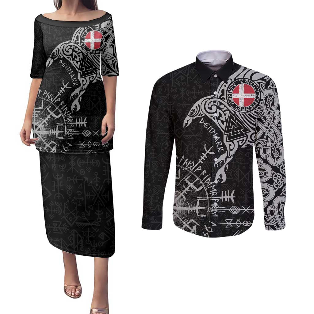 Denmark Viking Ravens Couples Matching Puletasi and Long Sleeve Button Shirt Vegvisir Runes Pattern - Wonder Print Shop