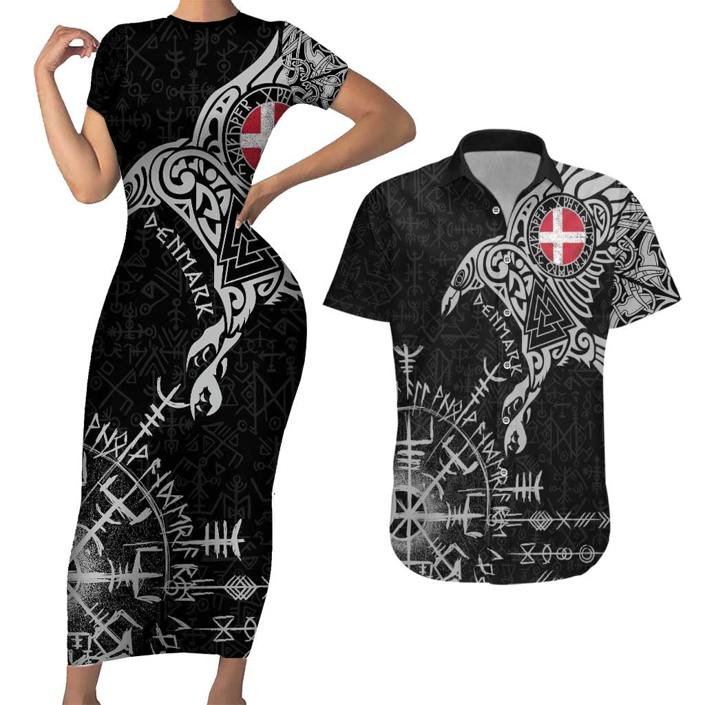 Denmark Viking Ravens Couples Matching Short Sleeve Bodycon Dress and Hawaiian Shirt Vegvisir Runes Pattern - Wonder Print Shop