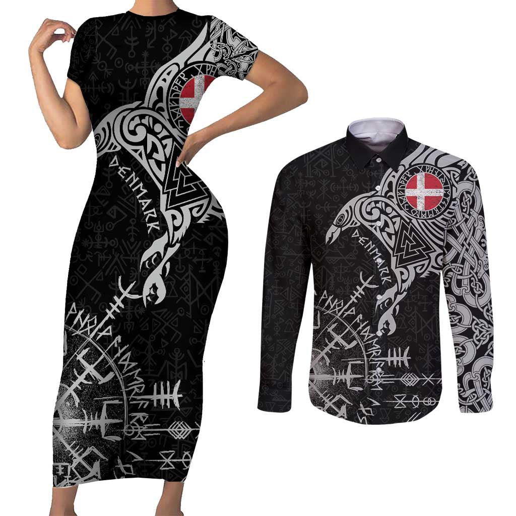 Denmark Viking Ravens Couples Matching Short Sleeve Bodycon Dress and Long Sleeve Button Shirt Vegvisir Runes Pattern - Wonder Print Shop