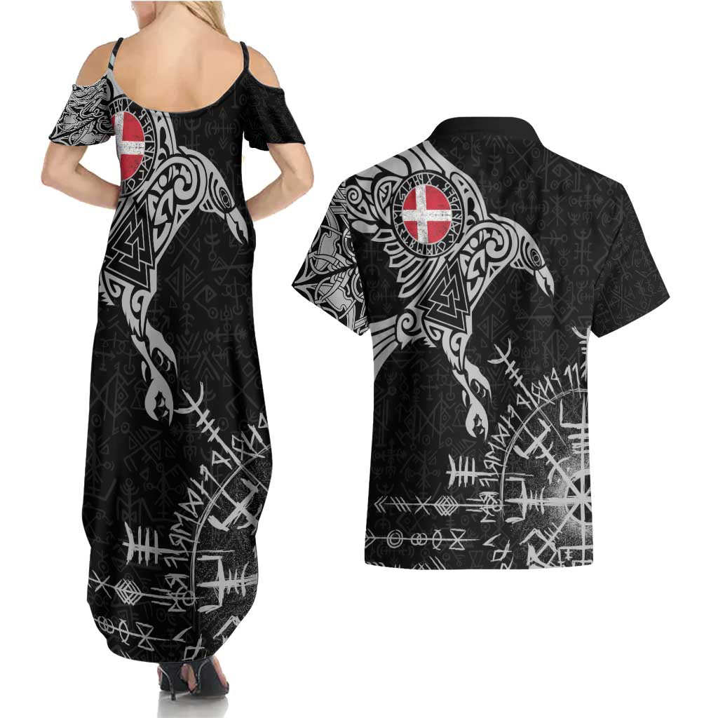 Denmark Viking Ravens Couples Matching Summer Maxi Dress and Hawaiian Shirt Vegvisir Runes Pattern - Wonder Print Shop