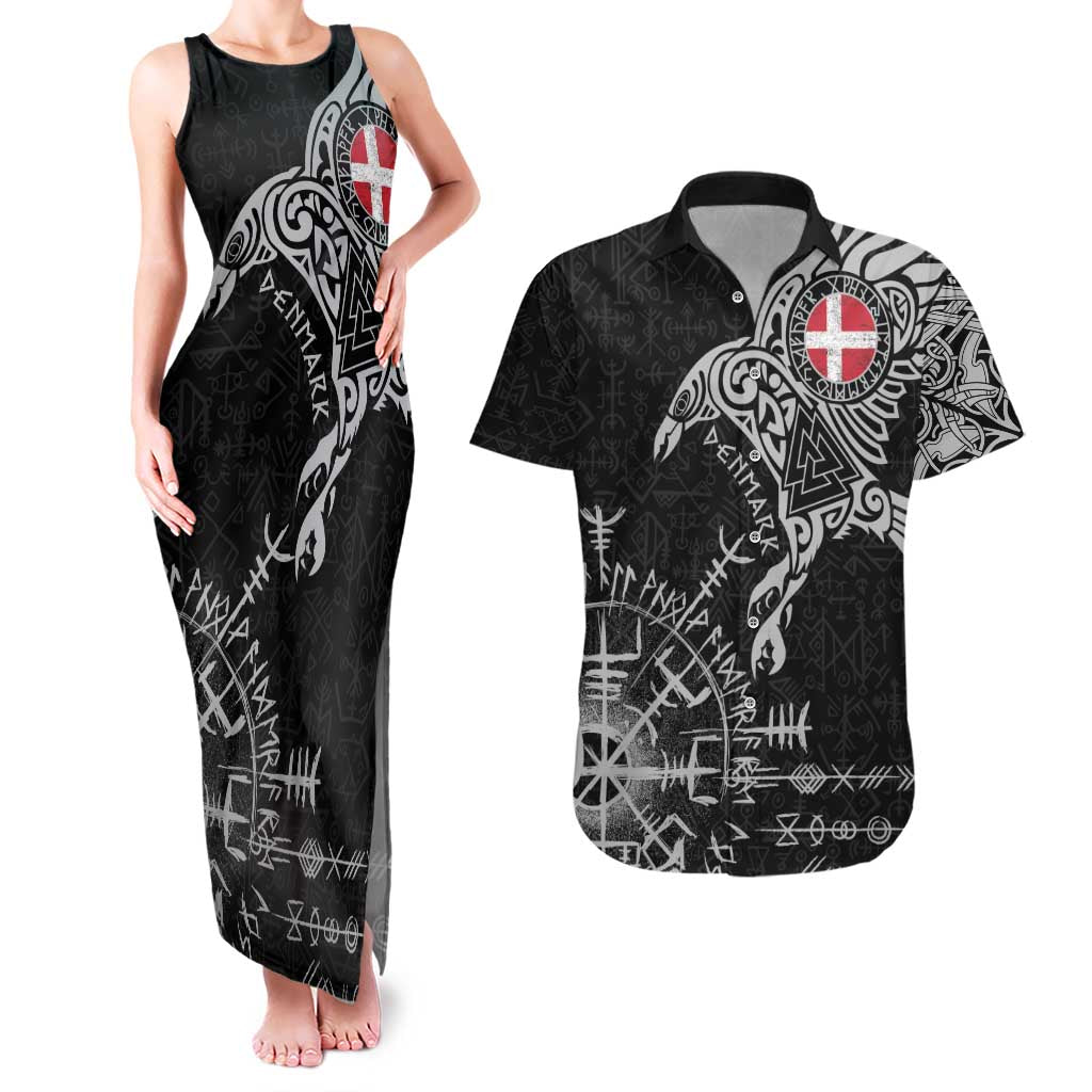 Denmark Viking Ravens Couples Matching Tank Maxi Dress and Hawaiian Shirt Vegvisir Runes Pattern - Wonder Print Shop