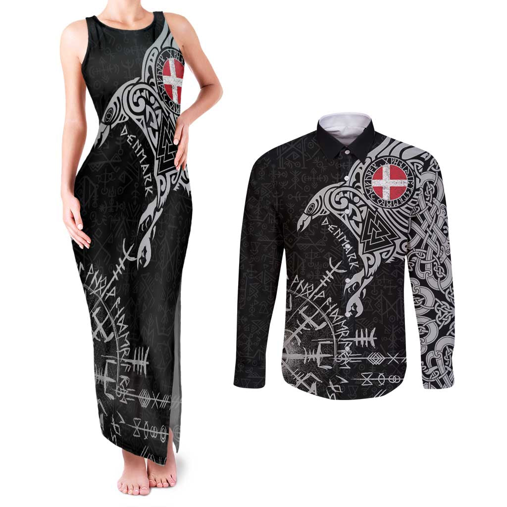 Denmark Viking Ravens Couples Matching Tank Maxi Dress and Long Sleeve Button Shirt Vegvisir Runes Pattern - Wonder Print Shop