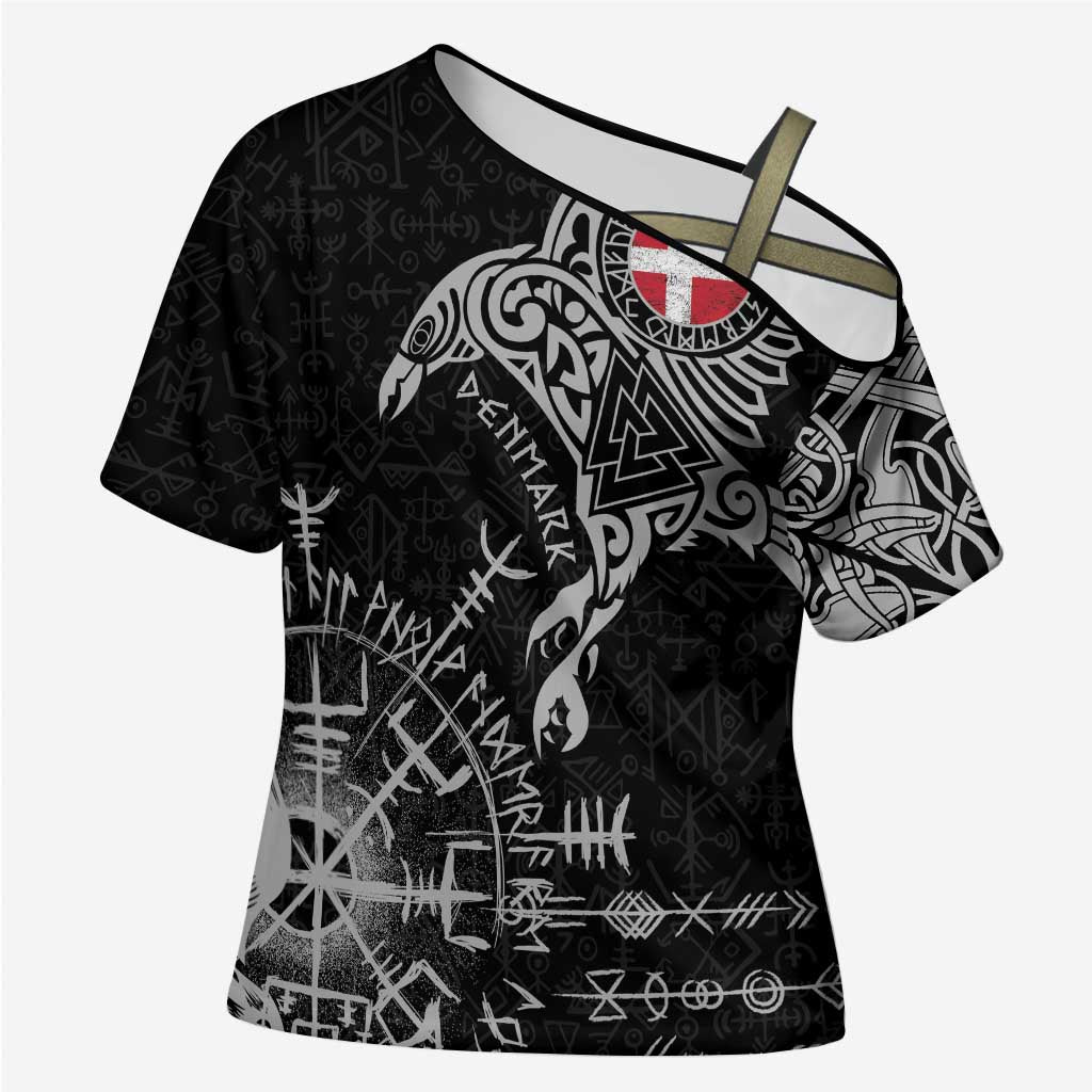 Denmark Viking Ravens Cross Shoulder Shirt Vegvisir Runes Pattern - Wonder Print Shop