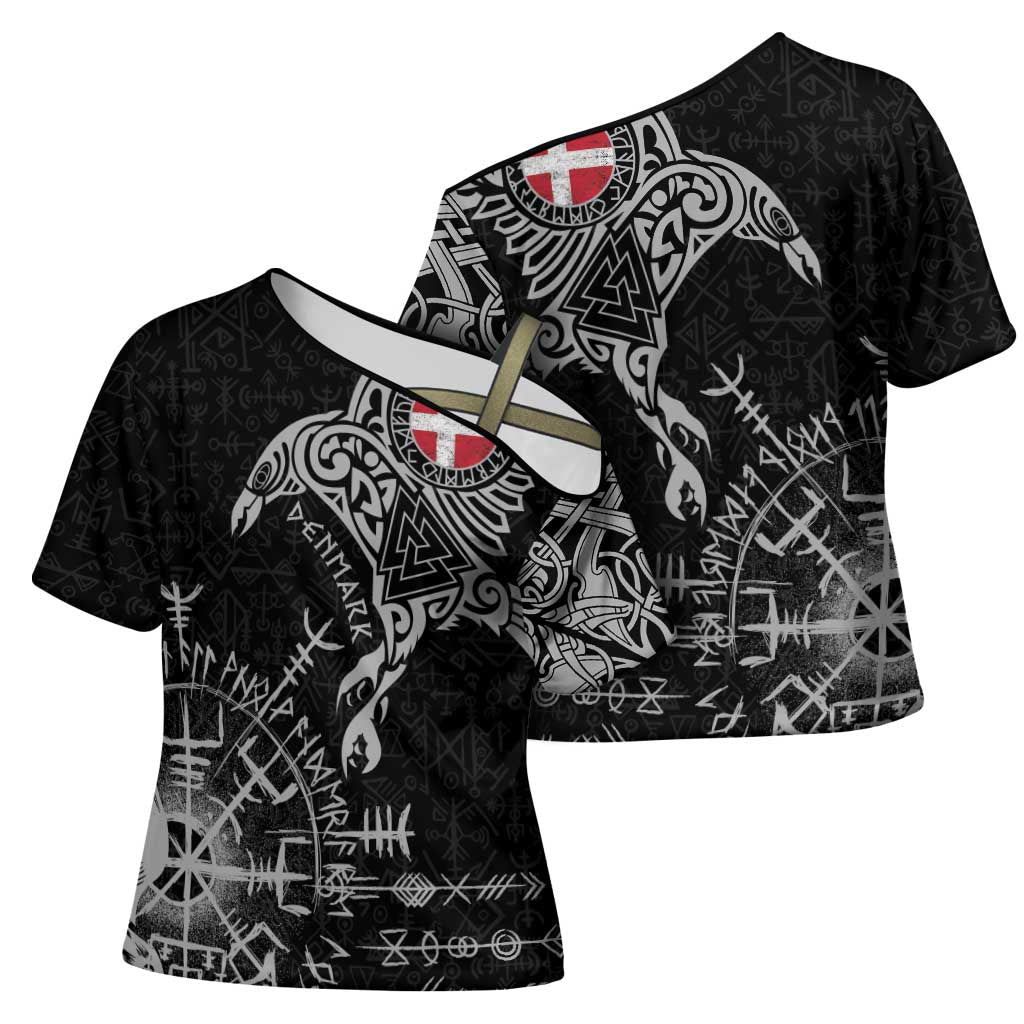 Denmark Viking Ravens Cross Shoulder Shirt Vegvisir Runes Pattern - Wonder Print Shop