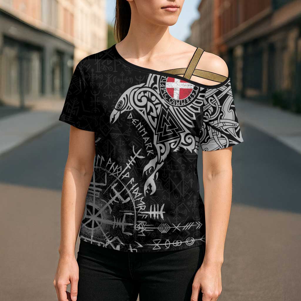 Denmark Viking Ravens Cross Shoulder Shirt Vegvisir Runes Pattern - Wonder Print Shop