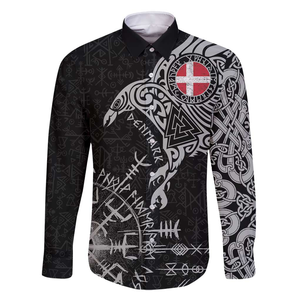 Denmark Viking Ravens Family Matching Long Sleeve Bodycon Dress and Hawaiian Shirt Vegvisir Runes Pattern - Wonder Print Shop