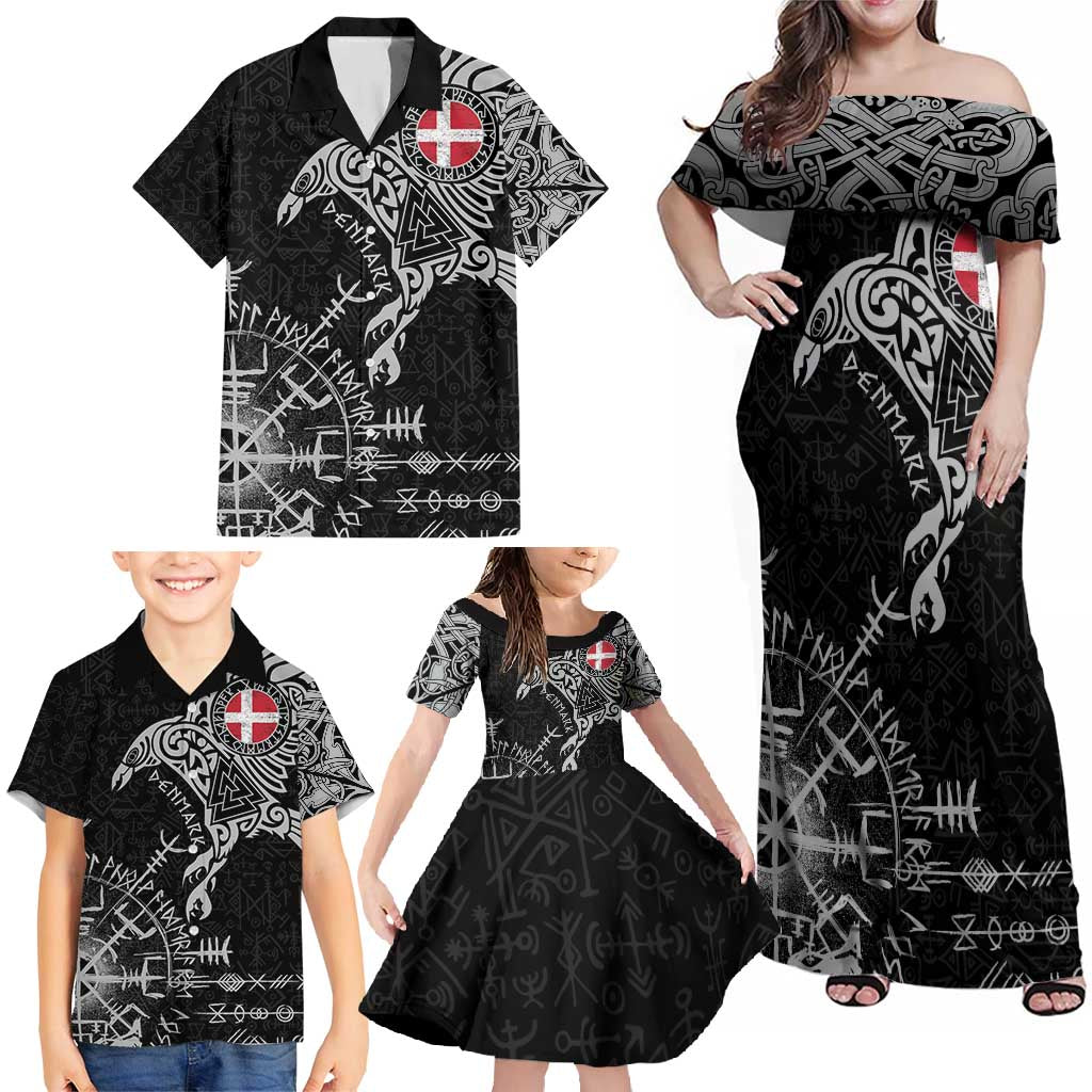 Denmark Viking Ravens Family Matching Off Shoulder Maxi Dress and Hawaiian Shirt Vegvisir Runes Pattern - Wonder Print Shop