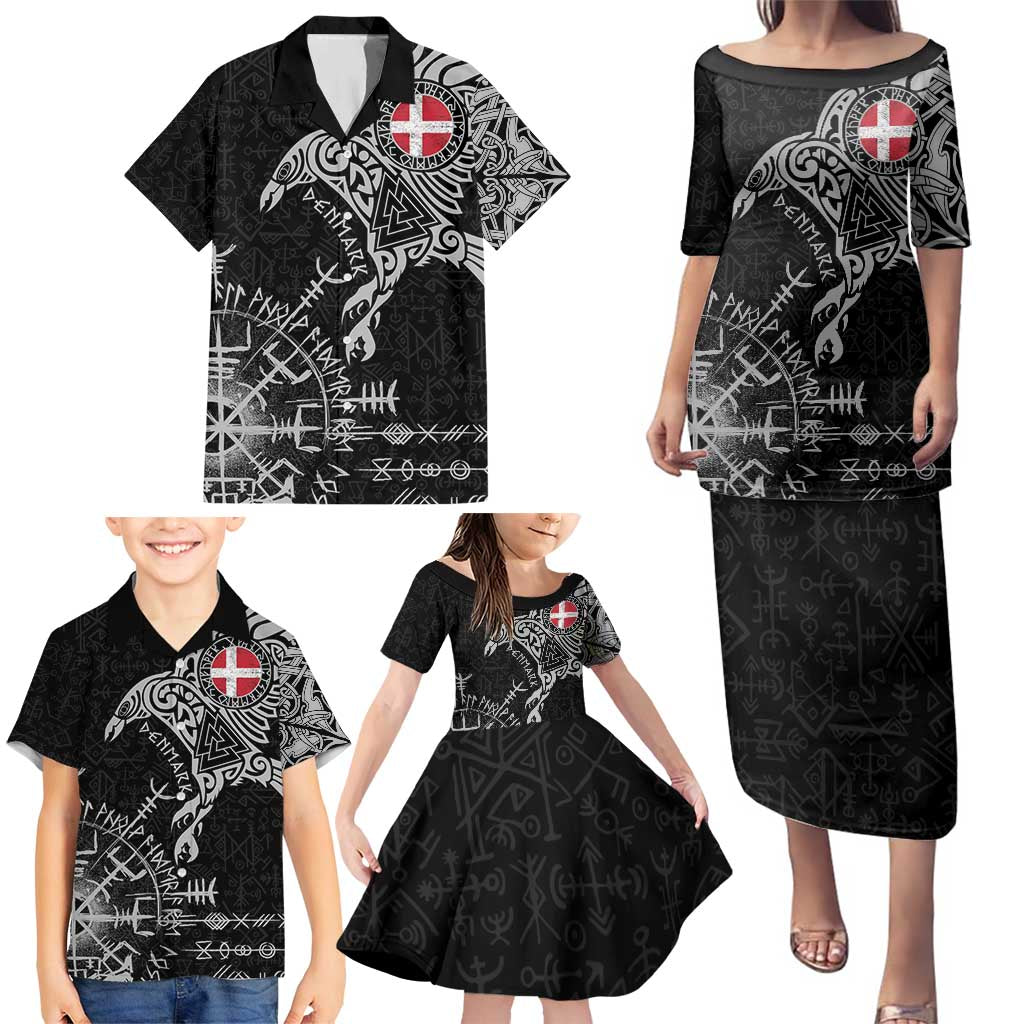 Denmark Viking Ravens Family Matching Puletasi and Hawaiian Shirt Vegvisir Runes Pattern - Wonder Print Shop