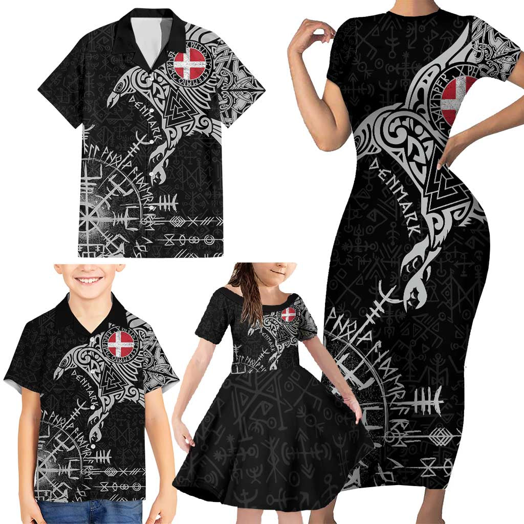 Denmark Viking Ravens Family Matching Short Sleeve Bodycon Dress and Hawaiian Shirt Vegvisir Runes Pattern - Wonder Print Shop