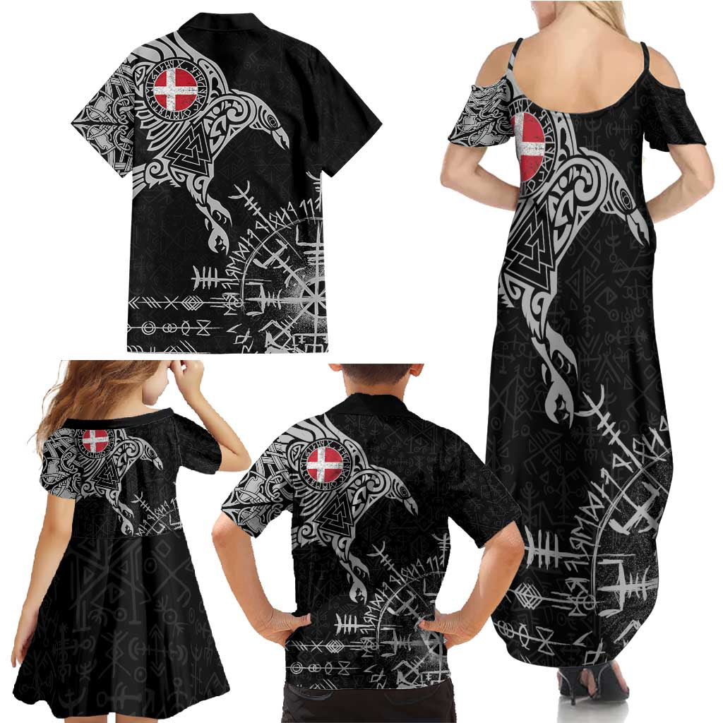 Denmark Viking Ravens Family Matching Summer Maxi Dress and Hawaiian Shirt Vegvisir Runes Pattern - Wonder Print Shop
