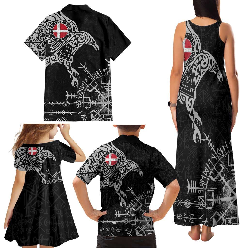 Denmark Viking Ravens Family Matching Tank Maxi Dress and Hawaiian Shirt Vegvisir Runes Pattern - Wonder Print Shop