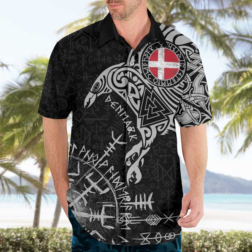 Denmark Viking Ravens Hawaiian Shirt Vegvisir Runes Pattern - Wonder Print Shop