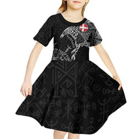 Denmark Viking Ravens Kid Short Sleeve Dress Vegvisir Runes Pattern - Wonder Print Shop