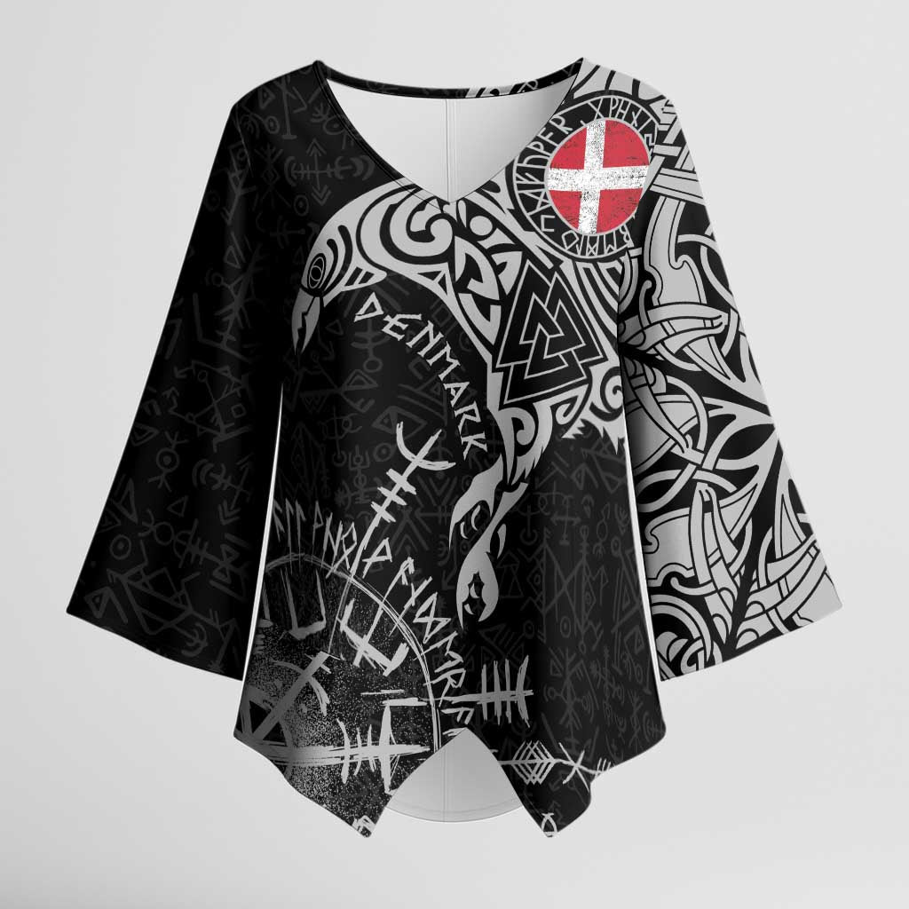 Denmark Viking Ravens Kimono Sleeve Blouse Vegvisir Runes Pattern - Wonder Print Shop