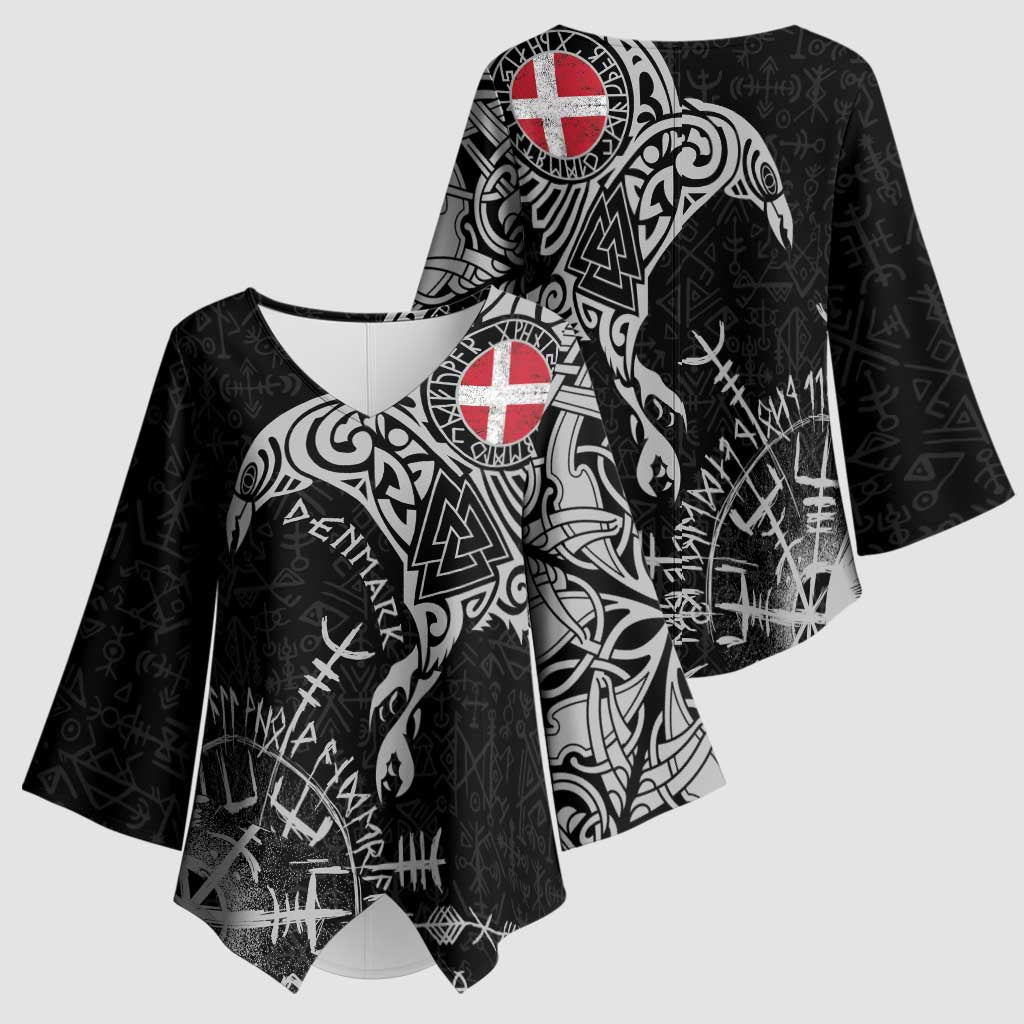 Denmark Viking Ravens Kimono Sleeve Blouse Vegvisir Runes Pattern - Wonder Print Shop