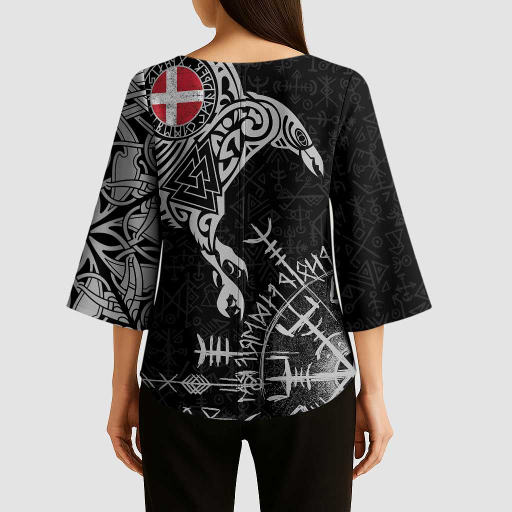 Denmark Viking Ravens Kimono Sleeve Blouse Vegvisir Runes Pattern - Wonder Print Shop