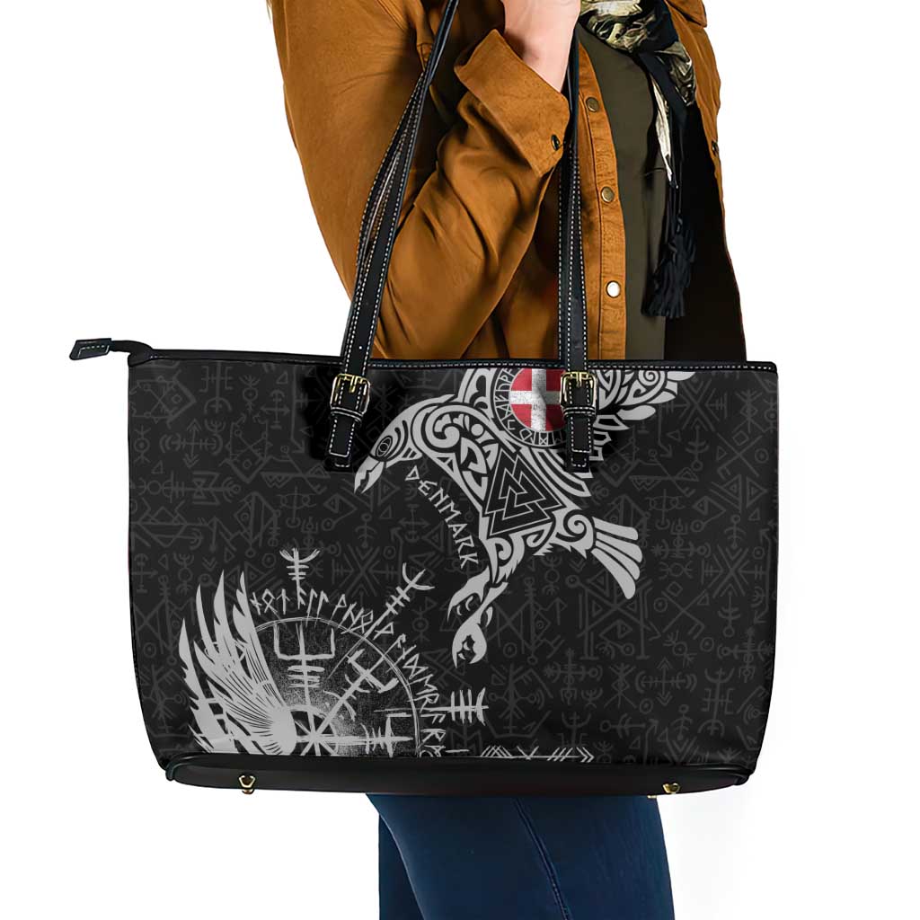 Denmark Viking Ravens Leather Tote Bag Vegvisir Runes Pattern - Wonder Print Shop