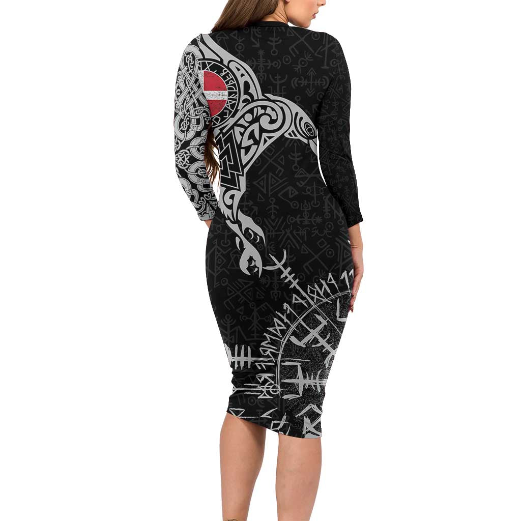 Denmark Viking Ravens Long Sleeve Bodycon Dress Vegvisir Runes Pattern - Wonder Print Shop