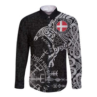 Denmark Viking Ravens Long Sleeve Button Shirt Vegvisir Runes Pattern - Wonder Print Shop