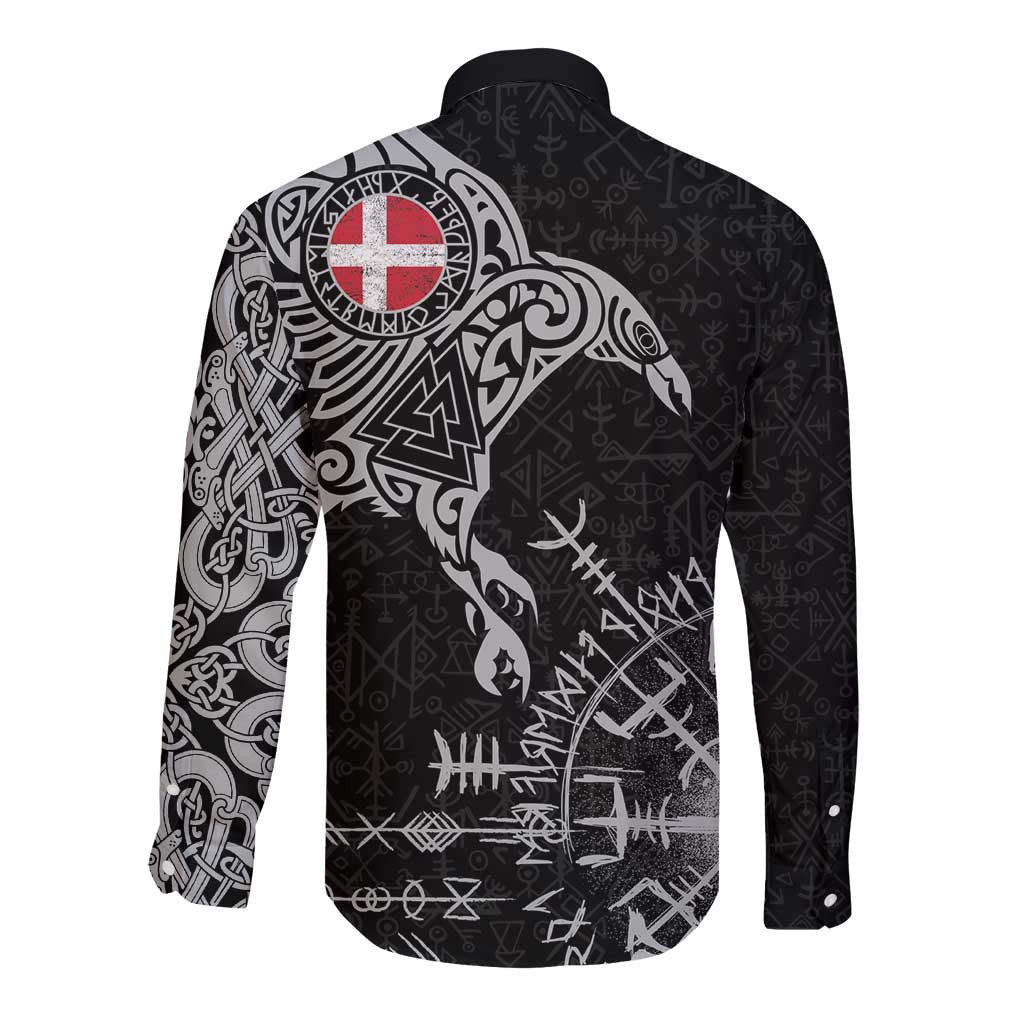 Denmark Viking Ravens Long Sleeve Button Shirt Vegvisir Runes Pattern - Wonder Print Shop