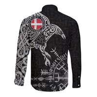 Denmark Viking Ravens Long Sleeve Button Shirt Vegvisir Runes Pattern - Wonder Print Shop