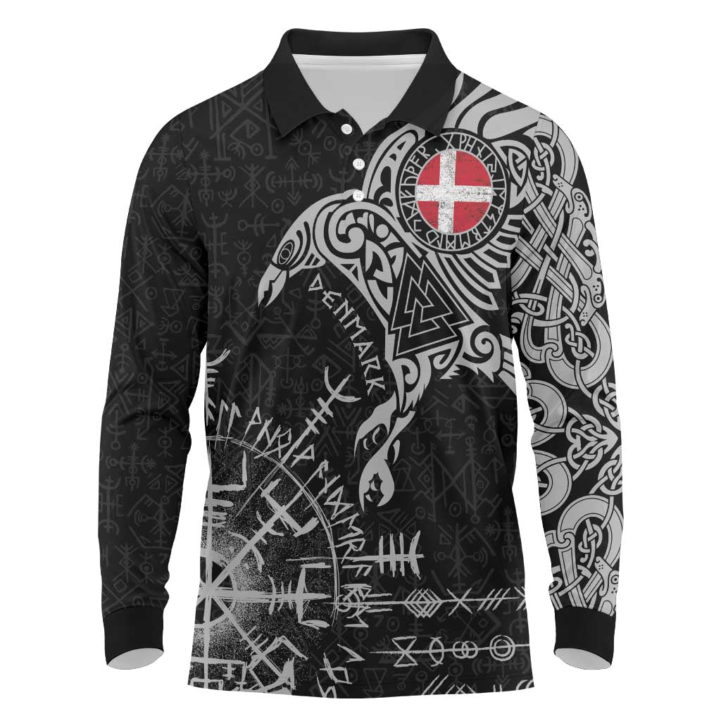 Denmark Viking Ravens Long Sleeve Polo Shirt Vegvisir Runes Pattern - Wonder Print Shop