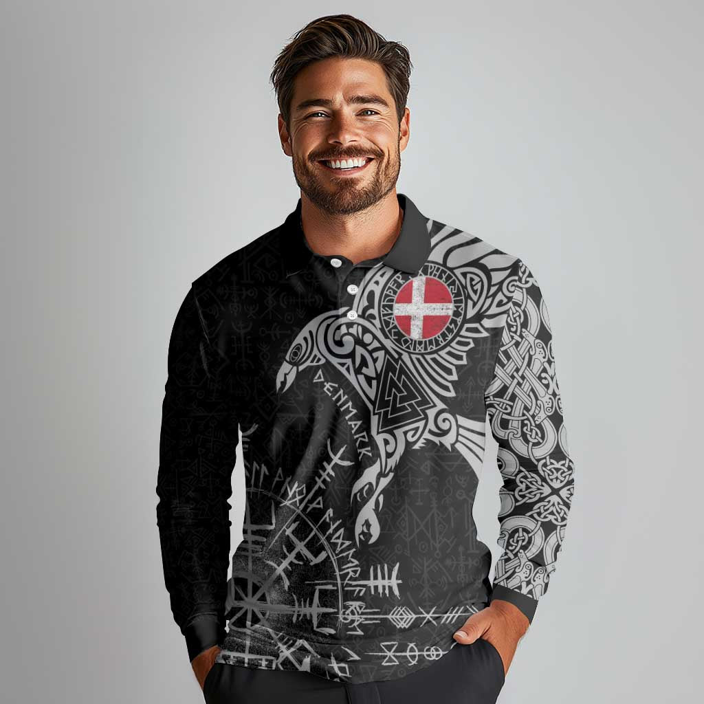 Denmark Viking Ravens Long Sleeve Polo Shirt Vegvisir Runes Pattern - Wonder Print Shop