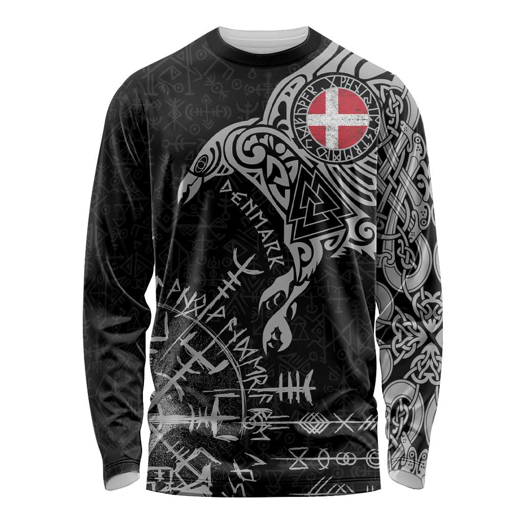 Denmark Viking Ravens Long Sleeve Shirt Vegvisir Runes Pattern - Wonder Print Shop