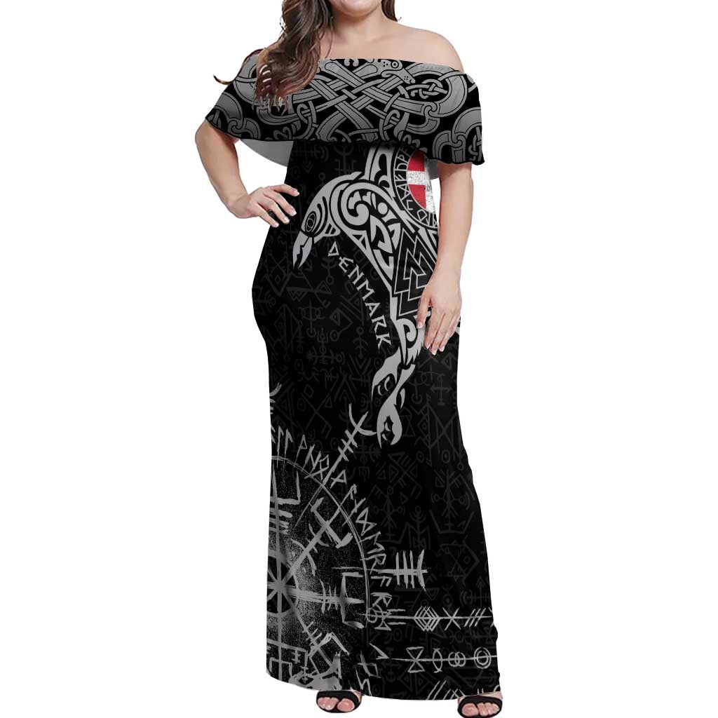 Denmark Viking Ravens Off Shoulder Maxi Dress Vegvisir Runes Pattern - Wonder Print Shop