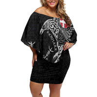 Denmark Viking Ravens Off Shoulder Short Dress Vegvisir Runes Pattern - Wonder Print Shop