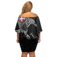 Denmark Viking Ravens Off Shoulder Short Dress Vegvisir Runes Pattern - Wonder Print Shop