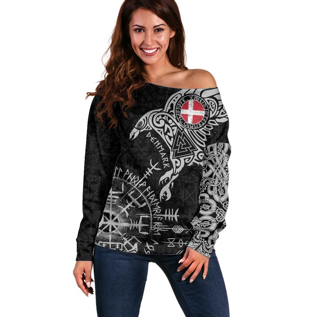 Denmark Viking Ravens Off Shoulder Sweater Vegvisir Runes Pattern - Wonder Print Shop