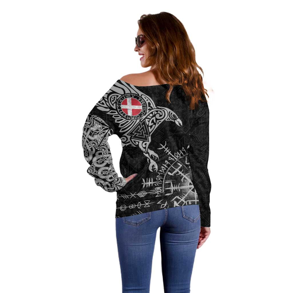 Denmark Viking Ravens Off Shoulder Sweater Vegvisir Runes Pattern - Wonder Print Shop