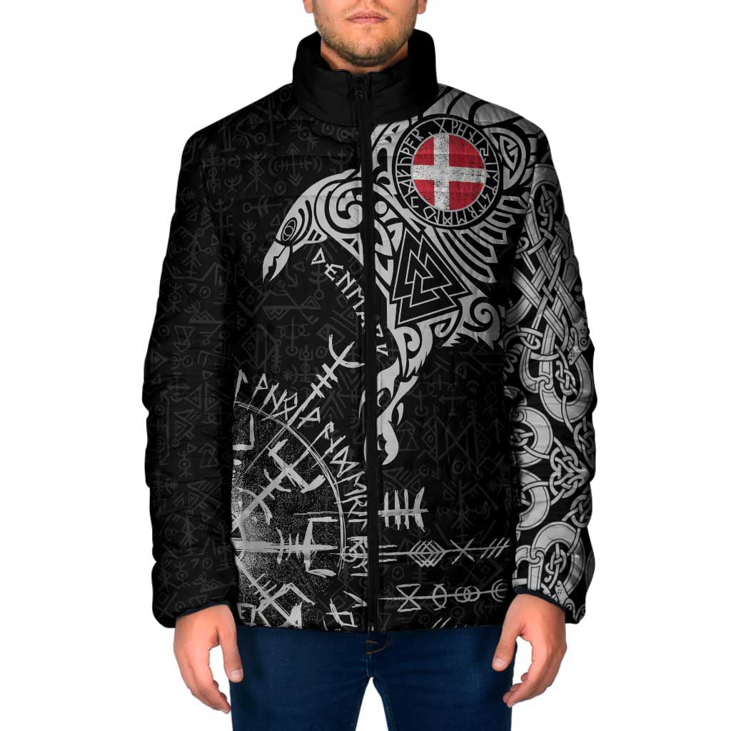 Denmark Viking Ravens Padded Jacket Vegvisir Runes Pattern - Wonder Print Shop