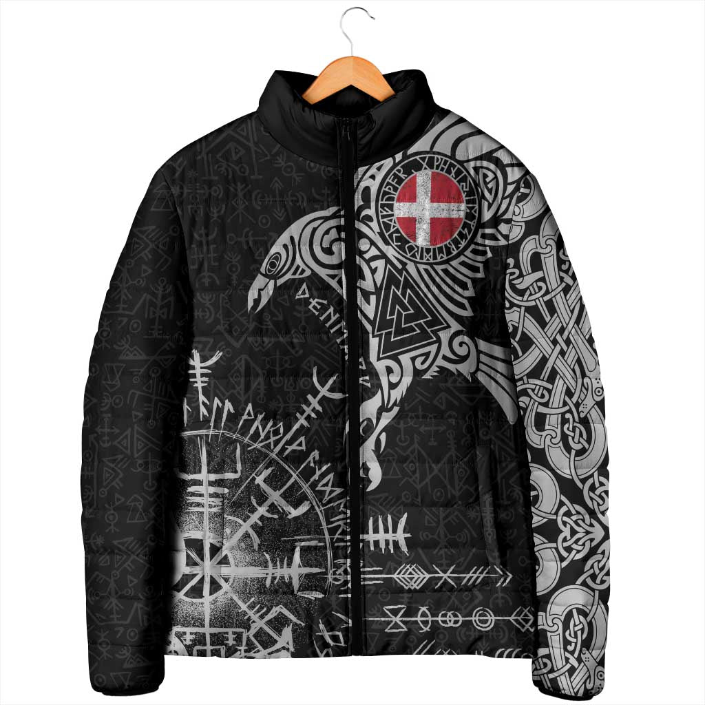 Denmark Viking Ravens Padded Jacket Vegvisir Runes Pattern - Wonder Print Shop