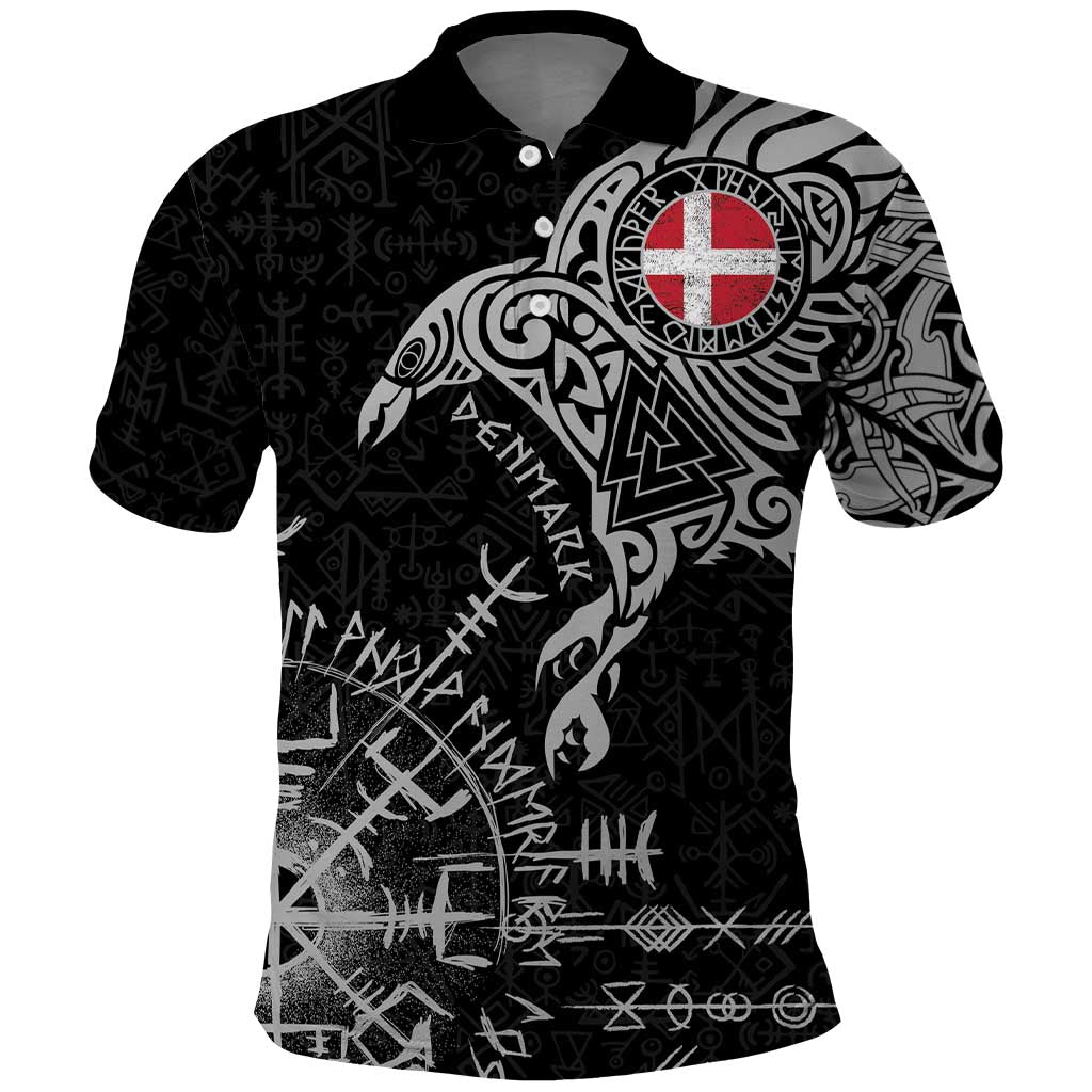 Denmark Viking Ravens Polo Shirt Vegvisir Runes Pattern - Wonder Print Shop