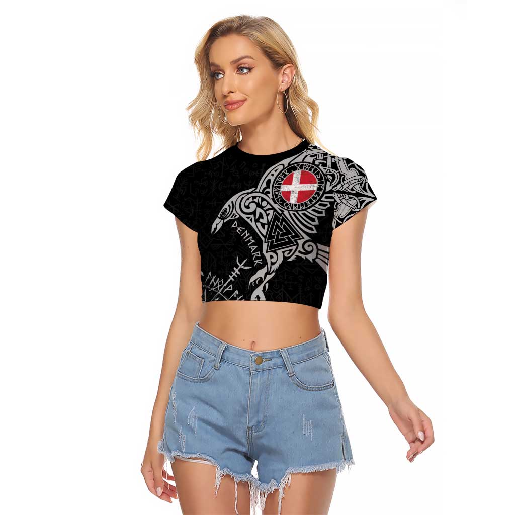 Denmark Viking Ravens Raglan Cropped T Shirt Vegvisir Runes Pattern - Wonder Print Shop