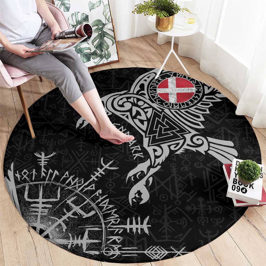 Denmark Viking Ravens Round Carpet Vegvisir Runes Pattern - Wonder Print Shop