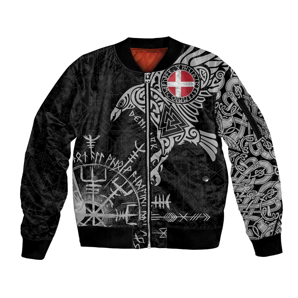 Denmark Viking Ravens Sleeve Zip Bomber Jacket Vegvisir Runes Pattern - Wonder Print Shop