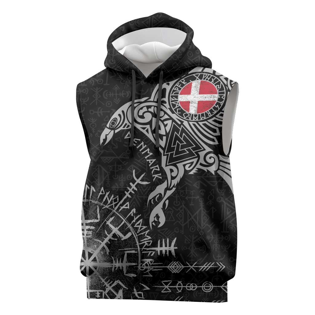 Denmark Viking Ravens Sleeveless Hoodie Vegvisir Runes Pattern - Wonder Print Shop