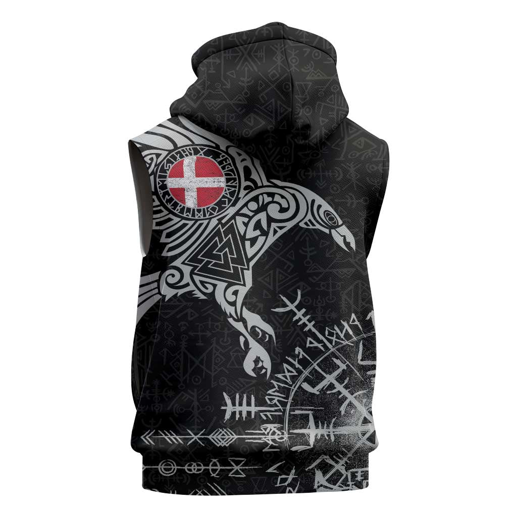 Denmark Viking Ravens Sleeveless Hoodie Vegvisir Runes Pattern - Wonder Print Shop